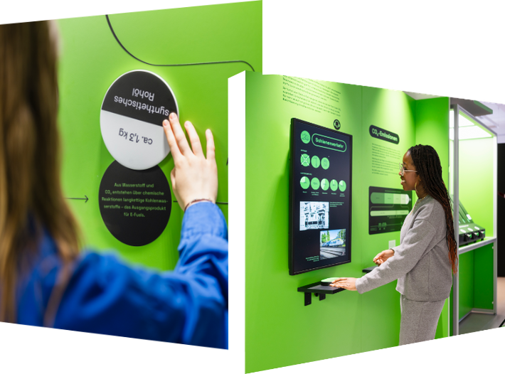 Drei Fotos. Auf dem ersten steht eine Jugendliche lächelnd vor einem Ausstellungsexponat, auf dem zweiten steht ein Kind mit ausgebreiteten Armen vor einem Flugobjekt und auf dem dritten sind Offshore Windräder zu sehen.